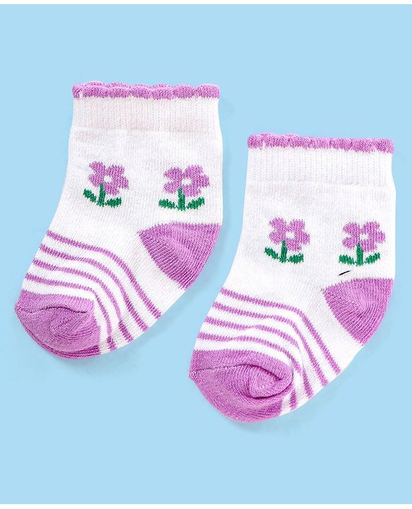 Cute Walk by Babyhug Non Terry Cotton Knit Ankle Length Anti Bacterial Socks Floral Design Pack of 3 - Pink & Purple