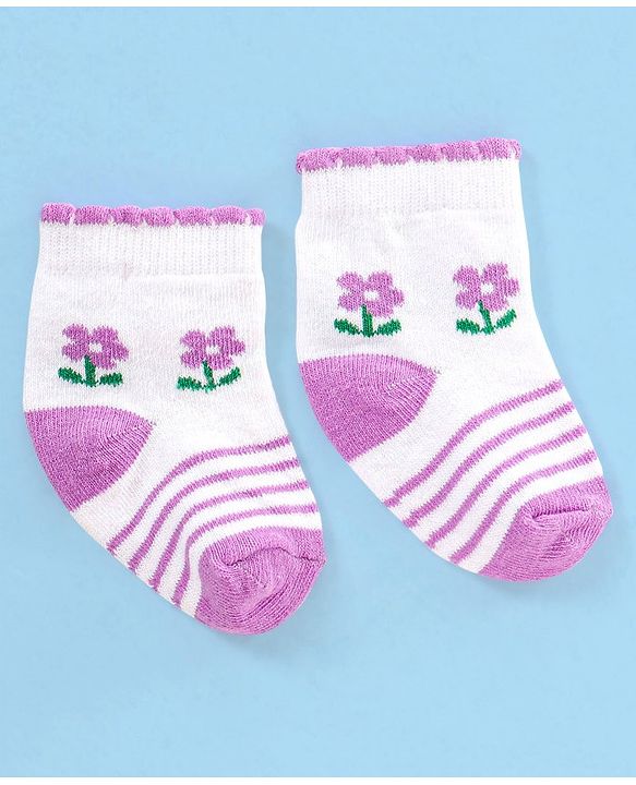 Cute Walk by Babyhug Non Terry Cotton Knit Ankle Length Anti Bacterial Socks Floral Design Pack of 3 - Pink & Purple