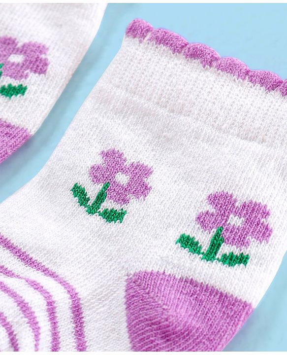 Cute Walk by Babyhug Non Terry Cotton Knit Ankle Length Anti Bacterial Socks Floral Design Pack of 3 - Pink & Purple