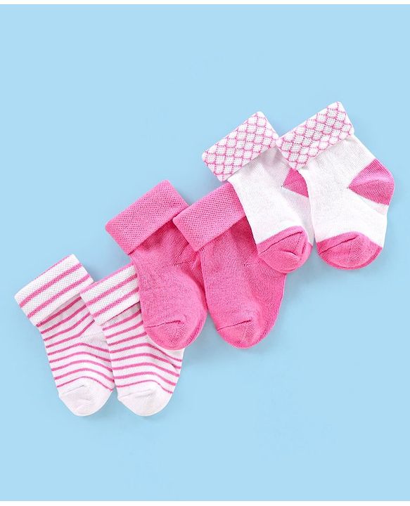 Cute Walk by Babyhug Non Terry Cotton Knit Ankle Length Anti Bacterial Socks Striped Pack of 3 - Pink