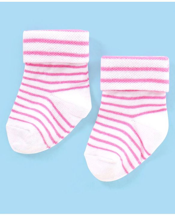 Cute Walk by Babyhug Non Terry Cotton Knit Ankle Length Anti Bacterial Socks Striped Pack of 3 - Pink