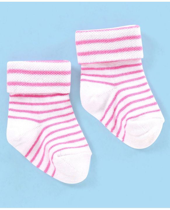 Cute Walk by Babyhug Non Terry Cotton Knit Ankle Length Anti Bacterial Socks Striped Pack of 3 - Pink