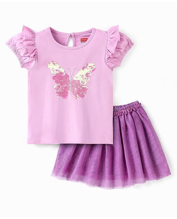 Babyhug Half Sleeves Sequins Top & Skirt - Lilac