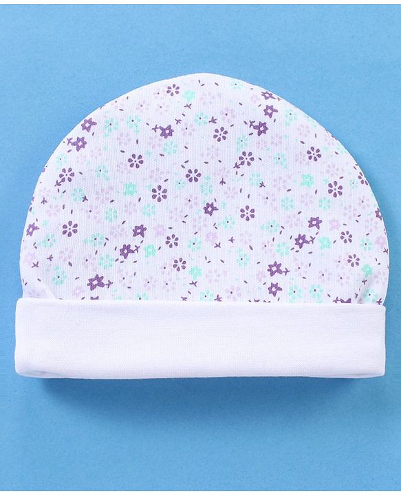 Babyhug 100% Cotton Cap Mittens And Booties Floral Print - White
