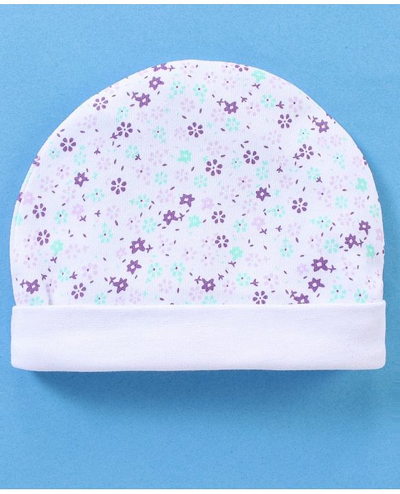 Babyhug 100% Cotton Cap Mittens And Booties Floral Print - White