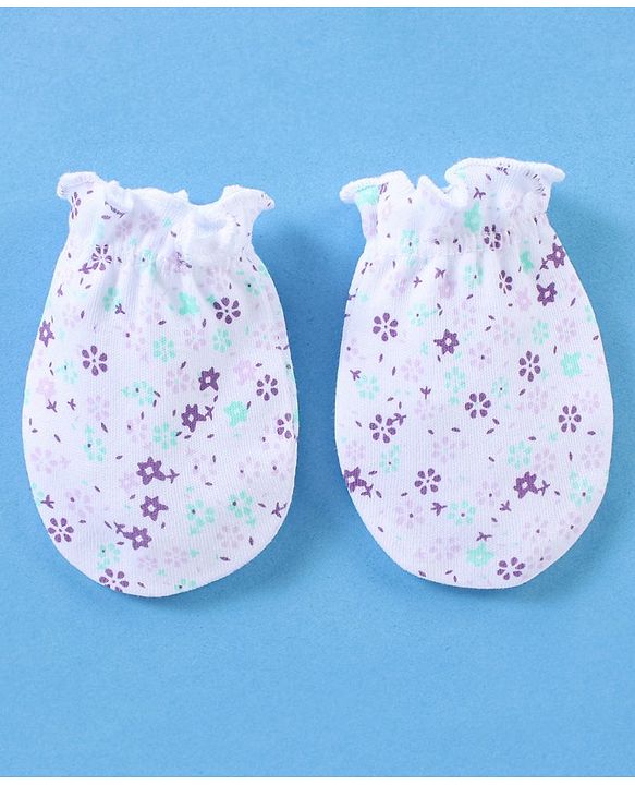Babyhug 100% Cotton Cap Mittens And Booties Floral Print - White