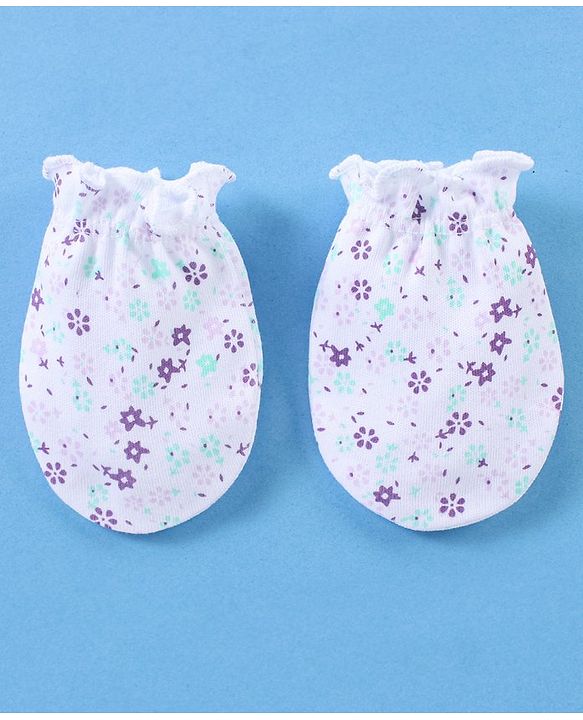 Babyhug 100% Cotton Cap Mittens And Booties Floral Print - White