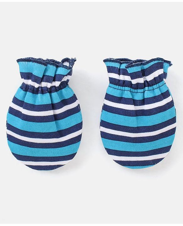 Babyhug 100% Cotton Striped Cap Mittens & Booties Navy Blue - Diameter 11 cm