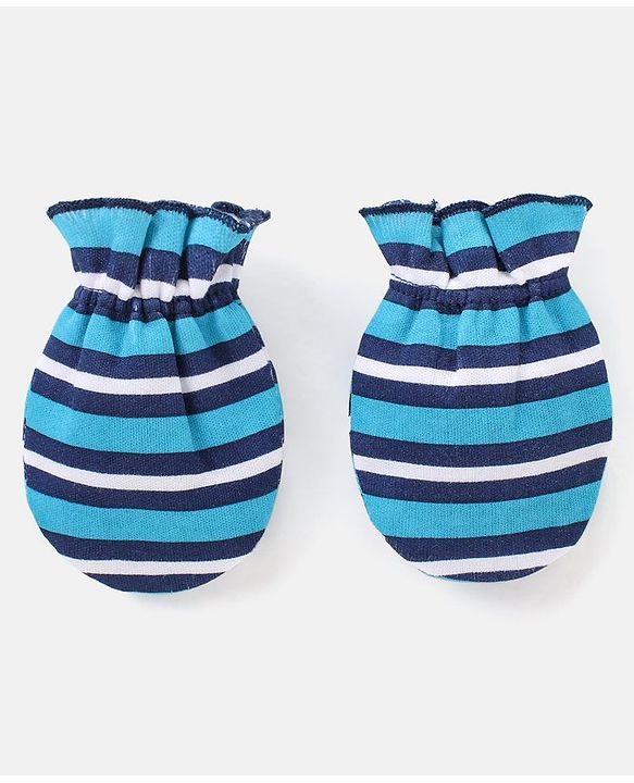 Babyhug 100% Cotton Striped Cap Mittens & Booties Navy Blue - Diameter 11 cm