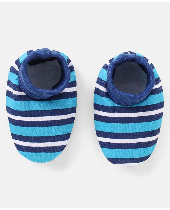 Babyhug 100% Cotton Striped Cap Mittens & Booties Navy Blue - Diameter 11 cm