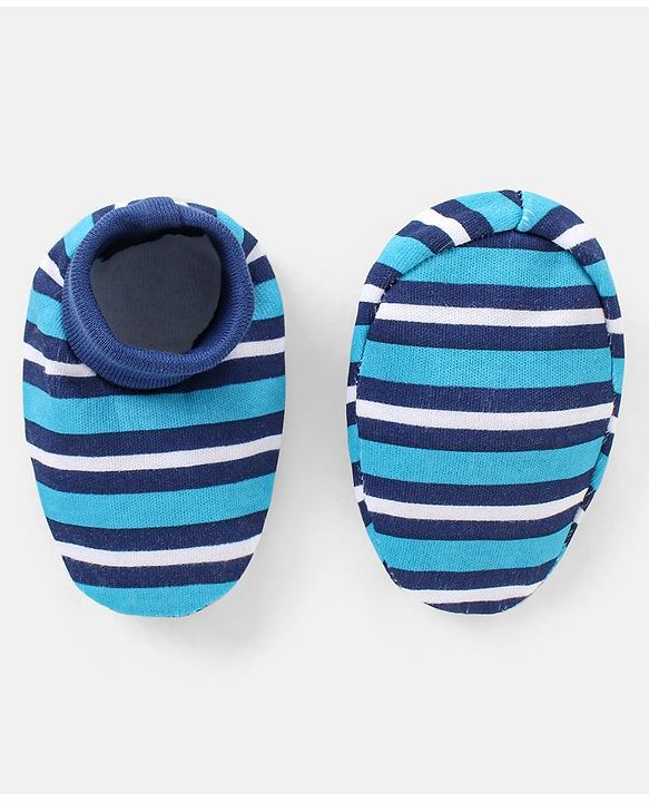 Babyhug 100% Cotton Striped Cap Mittens & Booties Navy Blue - Diameter 11 cm