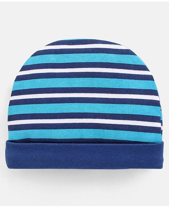 Babyhug 100% Cotton Striped Cap Mittens & Booties Navy Blue - Diameter 11 cm