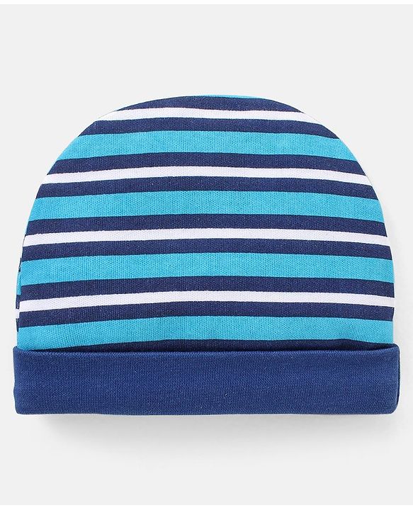 Babyhug 100% Cotton Striped Cap Mittens & Booties Navy Blue - Diameter 11 cm