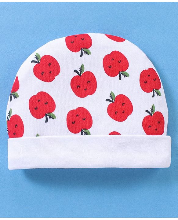 Babyhug 100% Cotton Cap Mittens & Booties Apple Print White- Diameter 11 cm