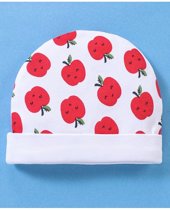 Babyhug 100% Cotton Cap Mittens & Booties Apple Print White- Diameter 11 cm