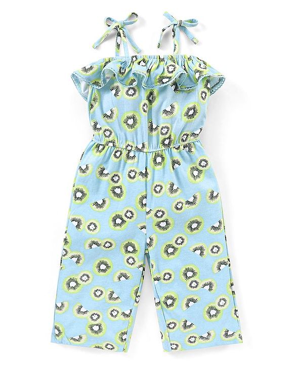 Babyhug 100% Cotton Knitted Off Shoulder Sleeves Jumpsuit Kiwi Print - Blue