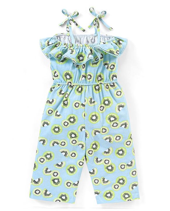 Babyhug 100% Cotton Knitted Off Shoulder Sleeves Jumpsuit Kiwi Print - Blue