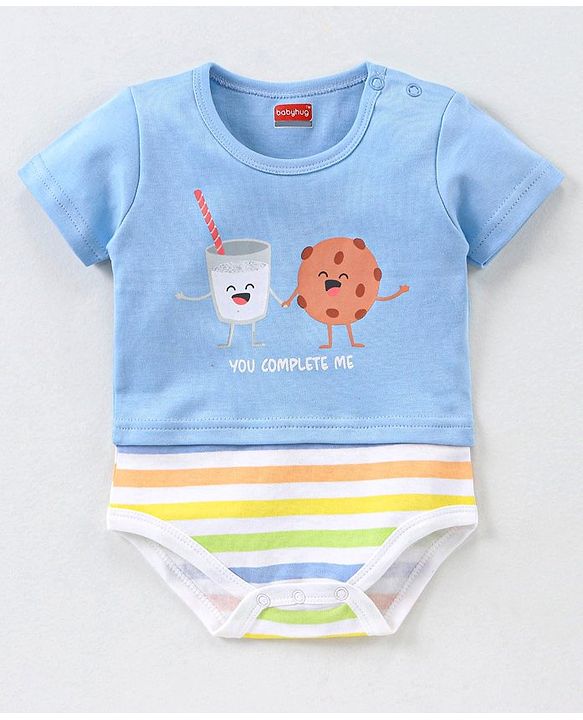 Babyhug 100% Cotton Knit Half Sleeves Onesie Cookie Print - Blue
