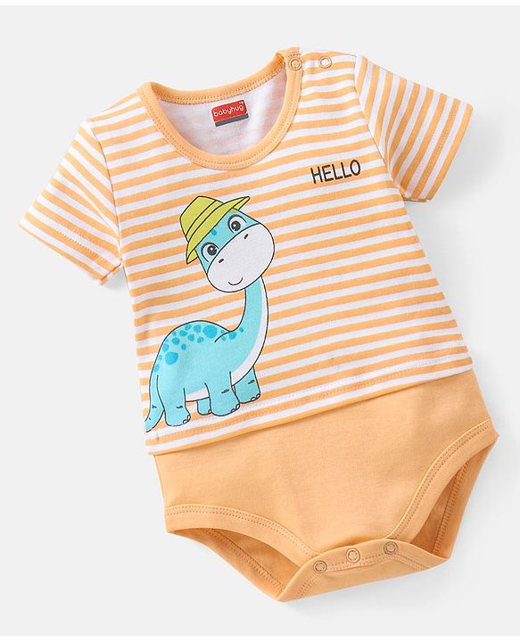 Babyhug 100% Cotton Half Sleeves Onesie Dino Print - Yellow