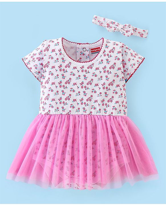Babyhug 100% Cotton Knit Half Sleeves Frock Style Onesie with Headband Floral Print - Pink