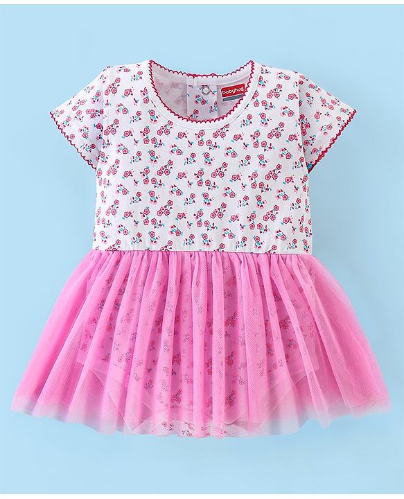 Babyhug 100% Cotton Knit Half Sleeves Frock Style Onesie with Headband Floral Print - Pink