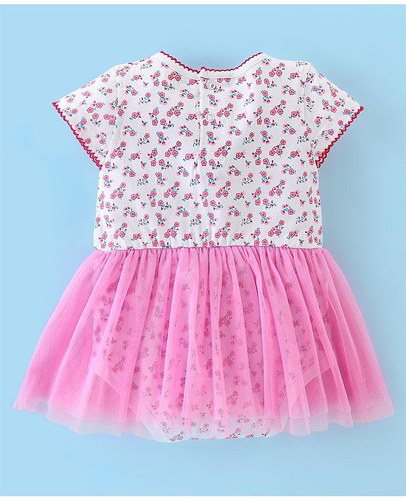 Babyhug 100% Cotton Knit Half Sleeves Frock Style Onesie with Headband Floral Print - Pink