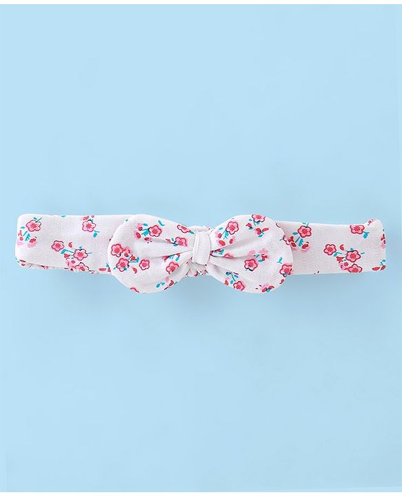 Babyhug 100% Cotton Knit Half Sleeves Frock Style Onesie with Headband Floral Print - Pink