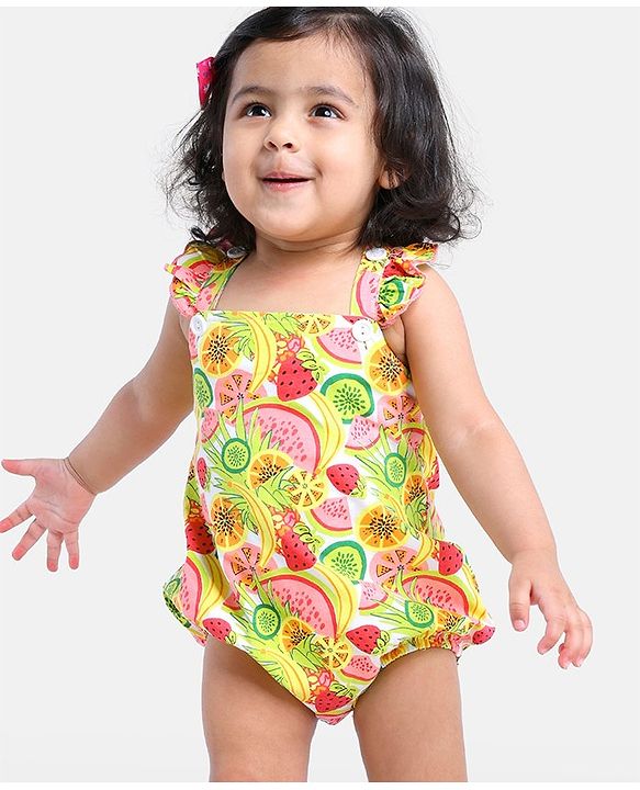 Babyhug 100% Cotton Sleeveless Fruits Printed Onesie - Green Pink & Red