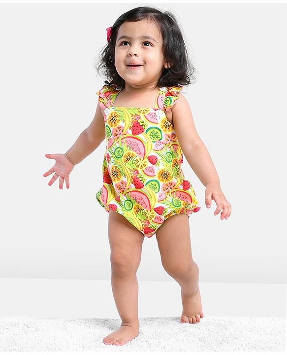 Babyhug 100% Cotton Sleeveless Fruits Printed Onesie - Green Pink & Red