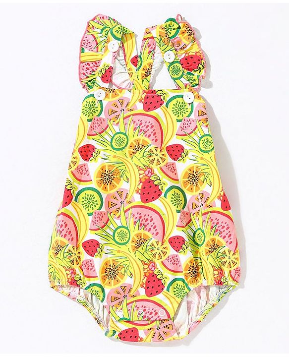 Babyhug 100% Cotton Sleeveless Fruits Printed Onesie - Green Pink & Red