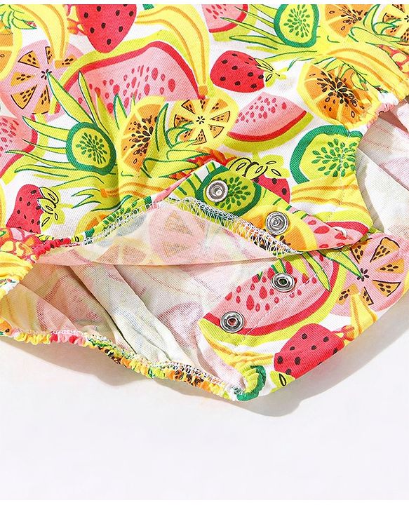 Babyhug 100% Cotton Sleeveless Fruits Printed Onesie - Green Pink & Red