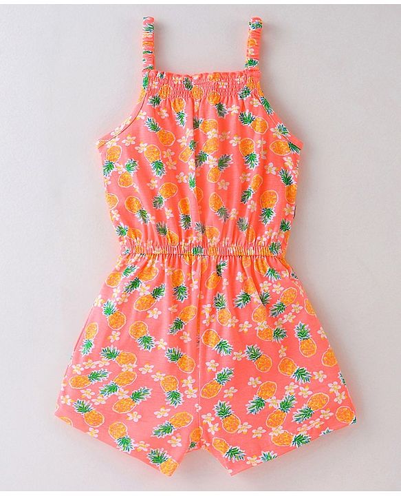 Babyhug 100% Cotton Knitted Sleeveless Jumpsuit with Bow Applique and Pineapple Print - Neon Orange