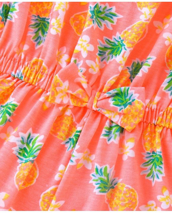 Babyhug 100% Cotton Knitted Sleeveless Jumpsuit with Bow Applique and Pineapple Print - Neon Orange