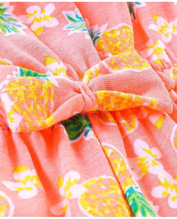 Babyhug 100% Cotton Knitted Sleeveless Jumpsuit with Bow Applique and Pineapple Print - Neon Orange