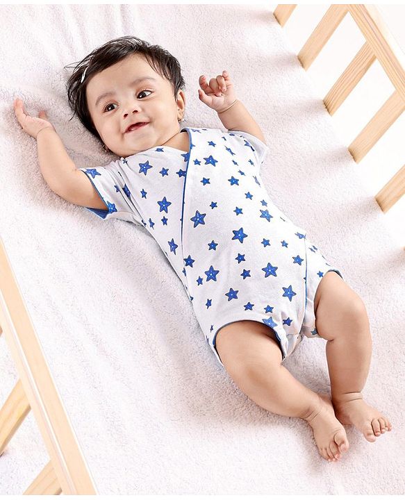 Babyhug 100% Cotton Knit Wrap Style Onesie Stars Print - White