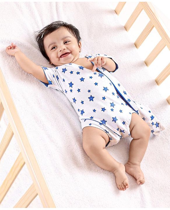 Babyhug 100% Cotton Knit Wrap Style Onesie Stars Print - White