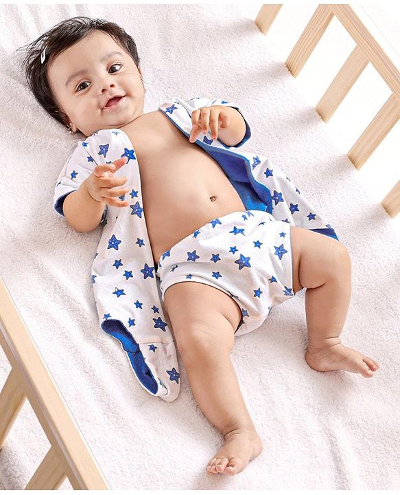Babyhug 100% Cotton Knit Wrap Style Onesie Stars Print - White