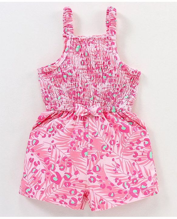 Babyhug 100% Cotton Knitted Sleeveless Jumpsuit With Attched Bow  Leaf Print - Pink