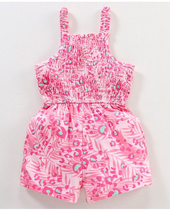 Babyhug 100% Cotton Knitted Sleeveless Jumpsuit With Attched Bow  Leaf Print - Pink