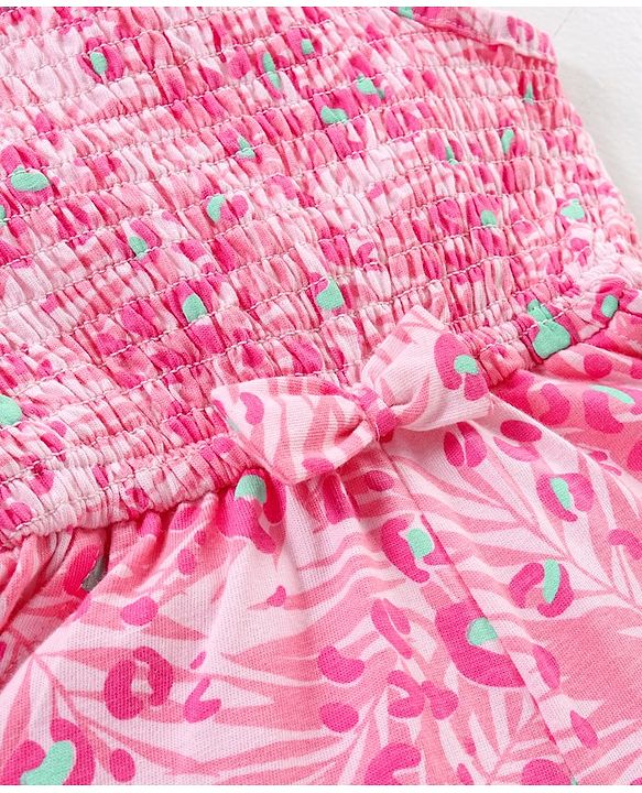 Babyhug 100% Cotton Knitted Sleeveless Jumpsuit With Attched Bow  Leaf Print - Pink