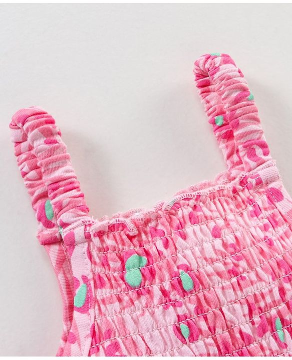 Babyhug 100% Cotton Knitted Sleeveless Jumpsuit With Attched Bow  Leaf Print - Pink