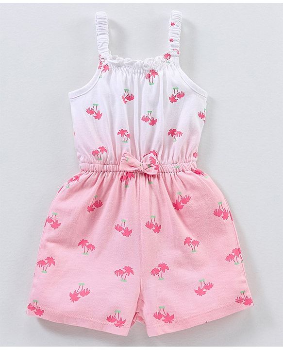 Babyhug 100% Cotton Knitted Sleeveless Jumpsuit With Attched Bow Palm Tree Print - White