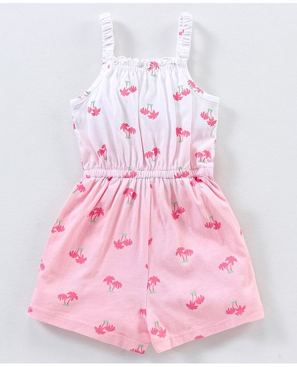 Babyhug 100% Cotton Knitted Sleeveless Jumpsuit With Attched Bow Palm Tree Print - White