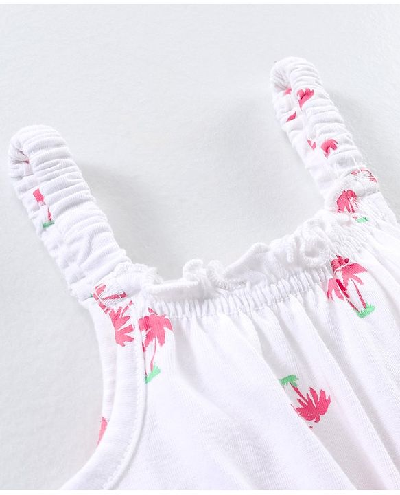 Babyhug 100% Cotton Knitted Sleeveless Jumpsuit With Attched Bow Palm Tree Print - White