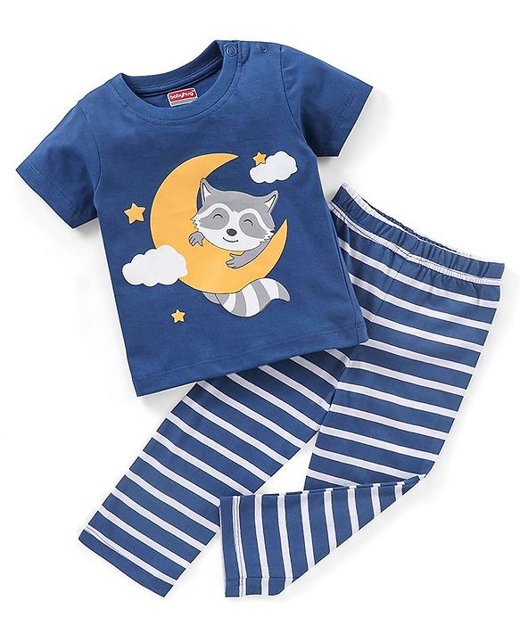 Babyhug Cotton Knit Half Sleeves Night Suit Fox Print - Navy Blue