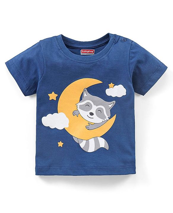 Babyhug Cotton Knit Half Sleeves Night Suit Fox Print - Navy Blue