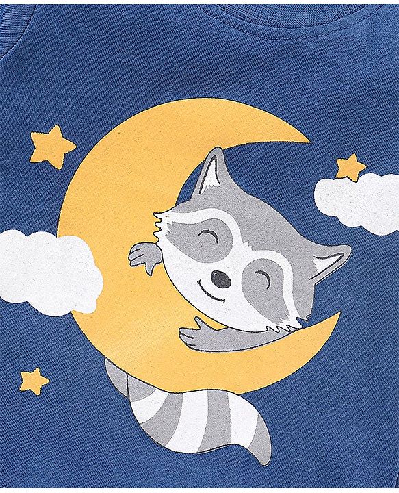 Babyhug Cotton Knit Half Sleeves Night Suit Fox Print - Navy Blue