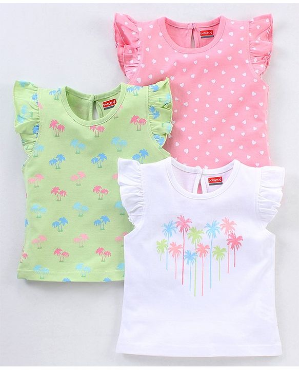 Babyhug Cotton Half Sleeves T-Shirt Tropical Graphic Print & Frill Detailing Pack of 3 - Green White & Pink