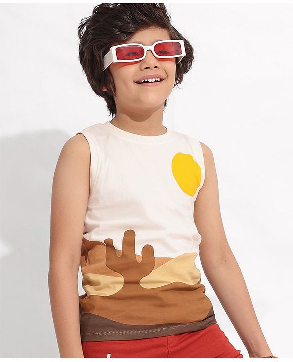 Pine Kids 100% Cotton Knit Sleeveless Desert Printed Biowashed T-Shirt - Brown