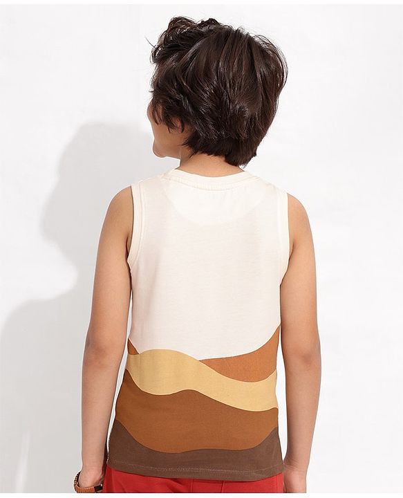 Pine Kids 100% Cotton Knit Sleeveless Desert Printed Biowashed T-Shirt - Brown